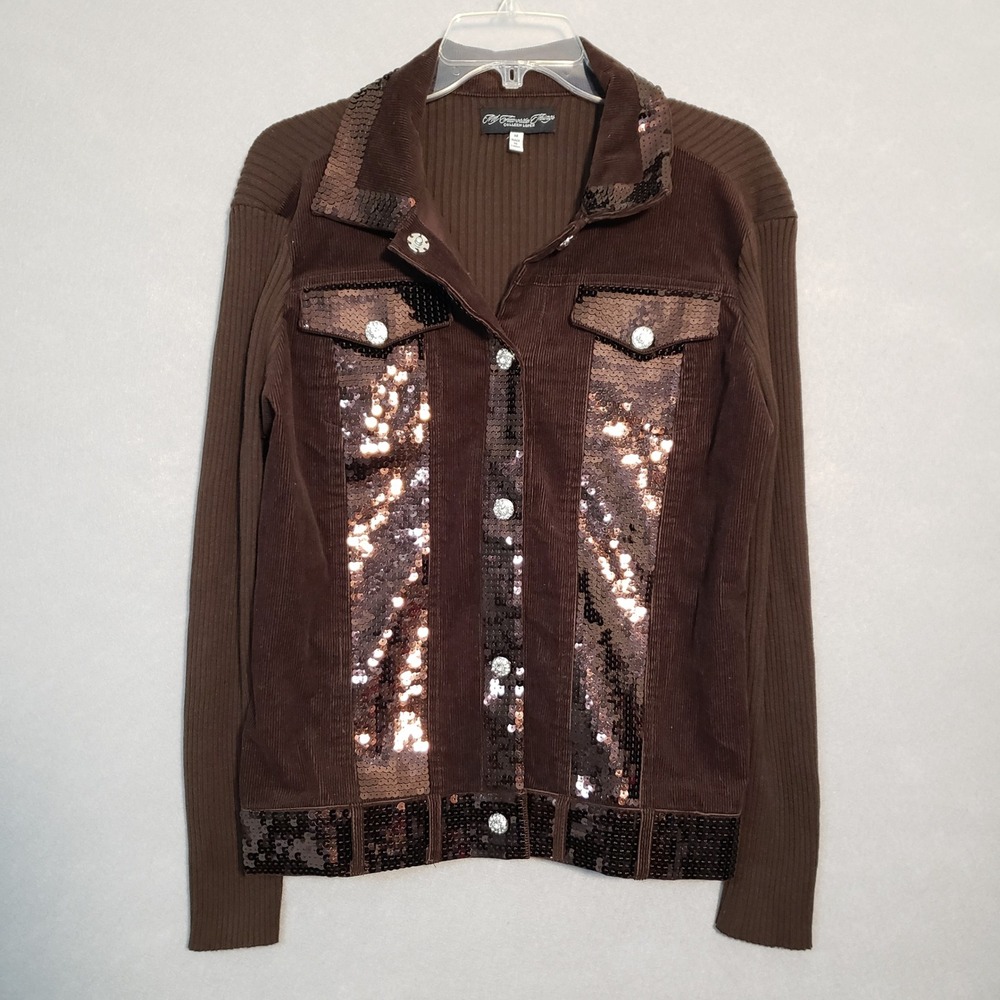 Colleen Lopez M Corduroy Knit Jacket Brown Sequin Embellished Snap Glam Party